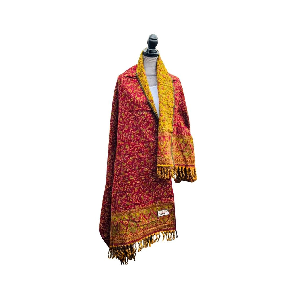 Tibetischer Schal weinrot-senf