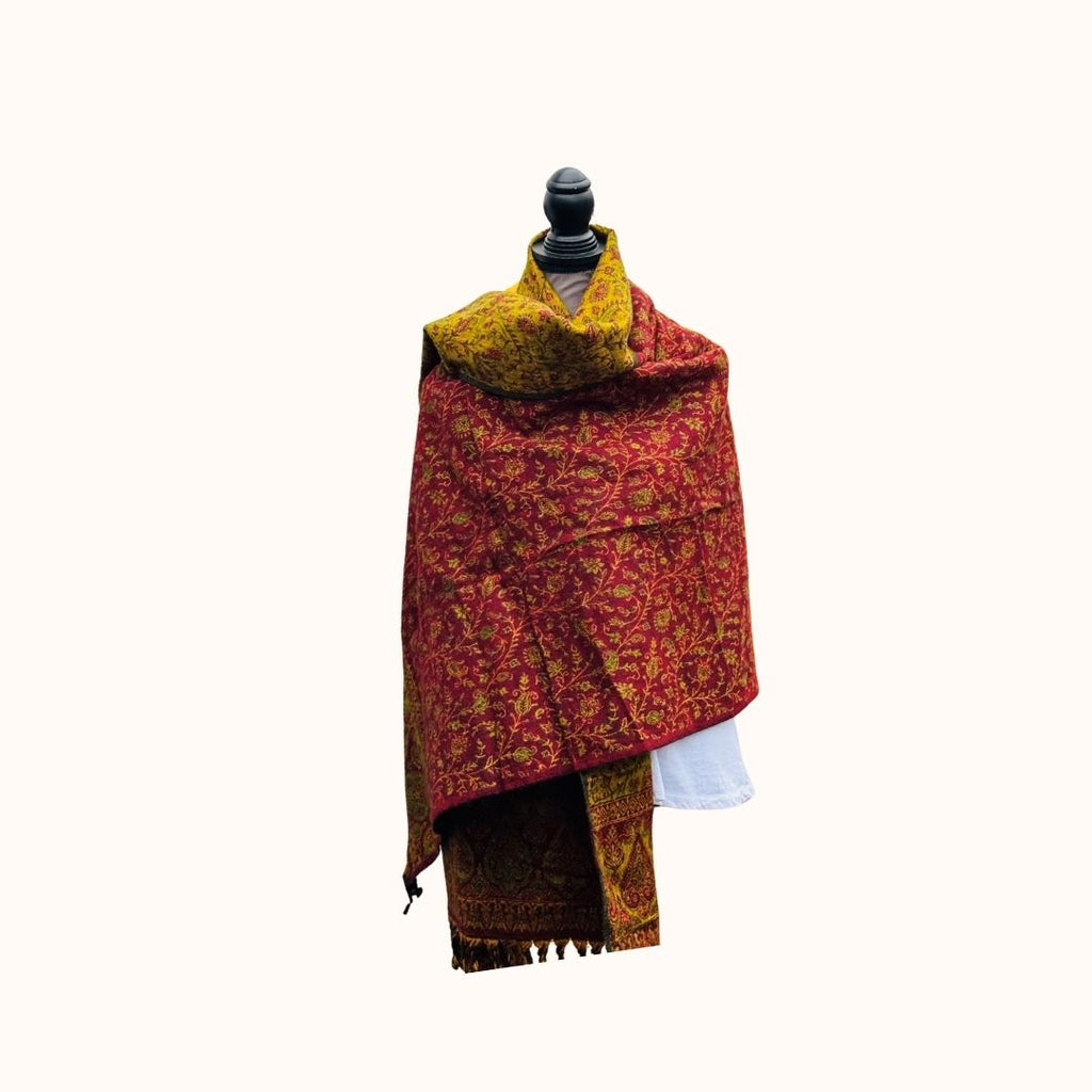 Tibetischer Schal weinrot-senf