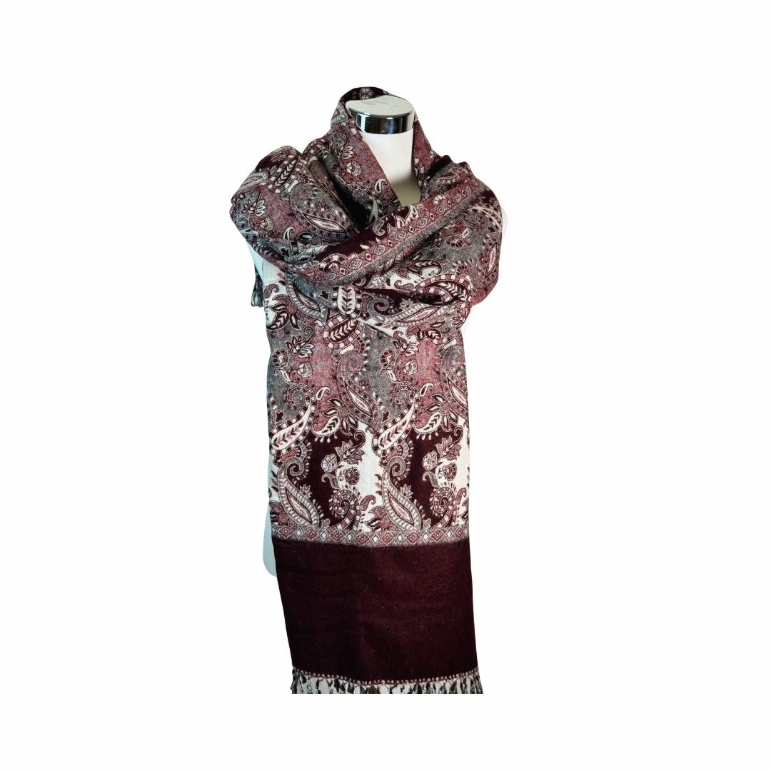 Tibetischer Schal aubergine-wollweiß