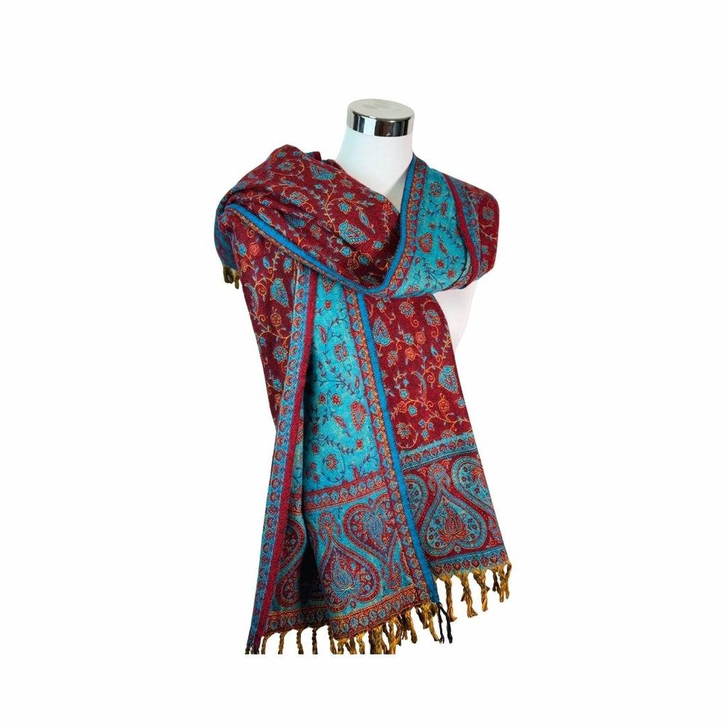 Tibetischer Schal weinrot-türkis