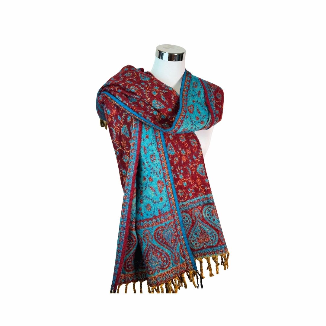 Tibetischer Schal weinrot-türkis