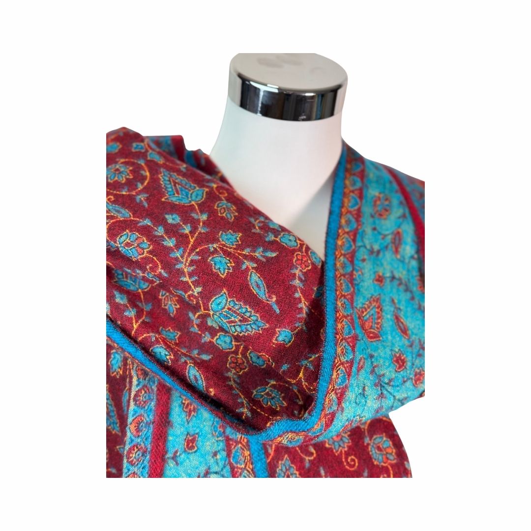 Tibetischer Schal weinrot-türkis