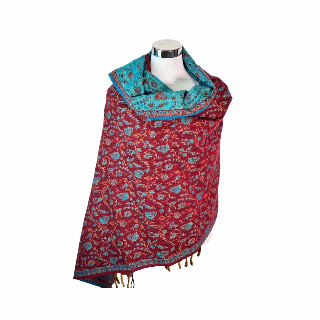 Tibetischer Schal weinrot-türkis