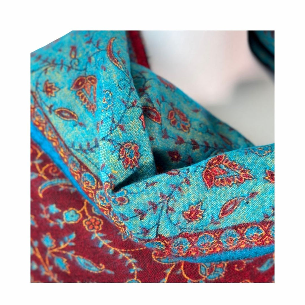 Tibetischer Schal weinrot-türkis