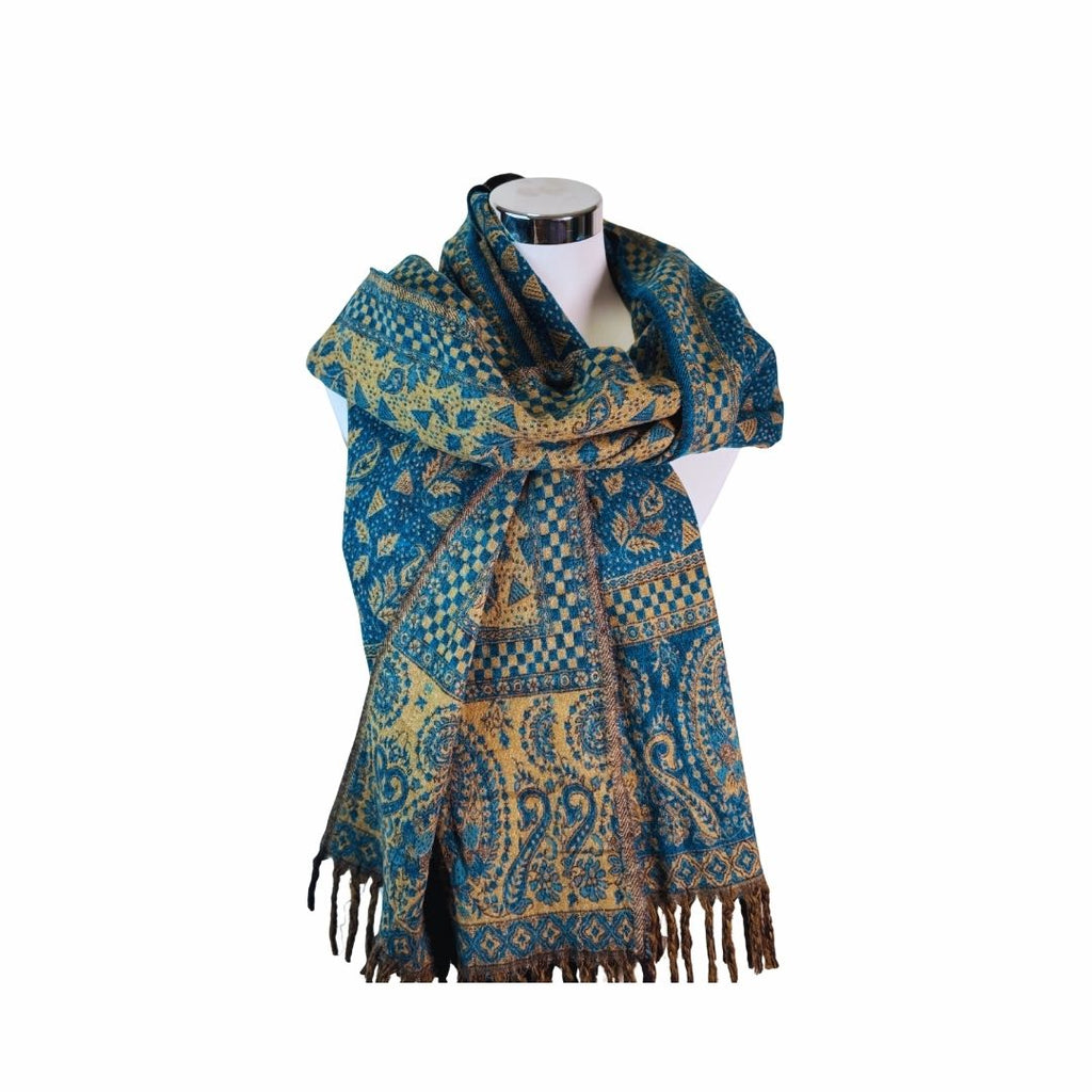 Tibetischer Schal türkisblau-sand