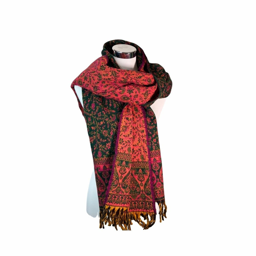 Tibetischer Schal grün-rot-Blume