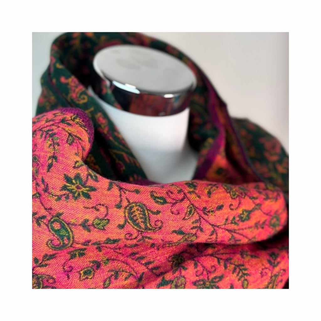 Tibetischer Schal grün-rot-Blume