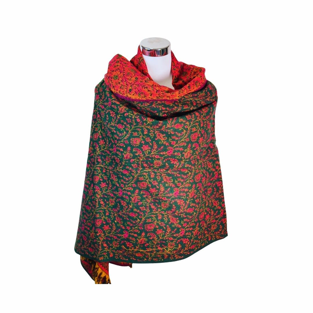 Tibetischer Schal grün-rot-Blume