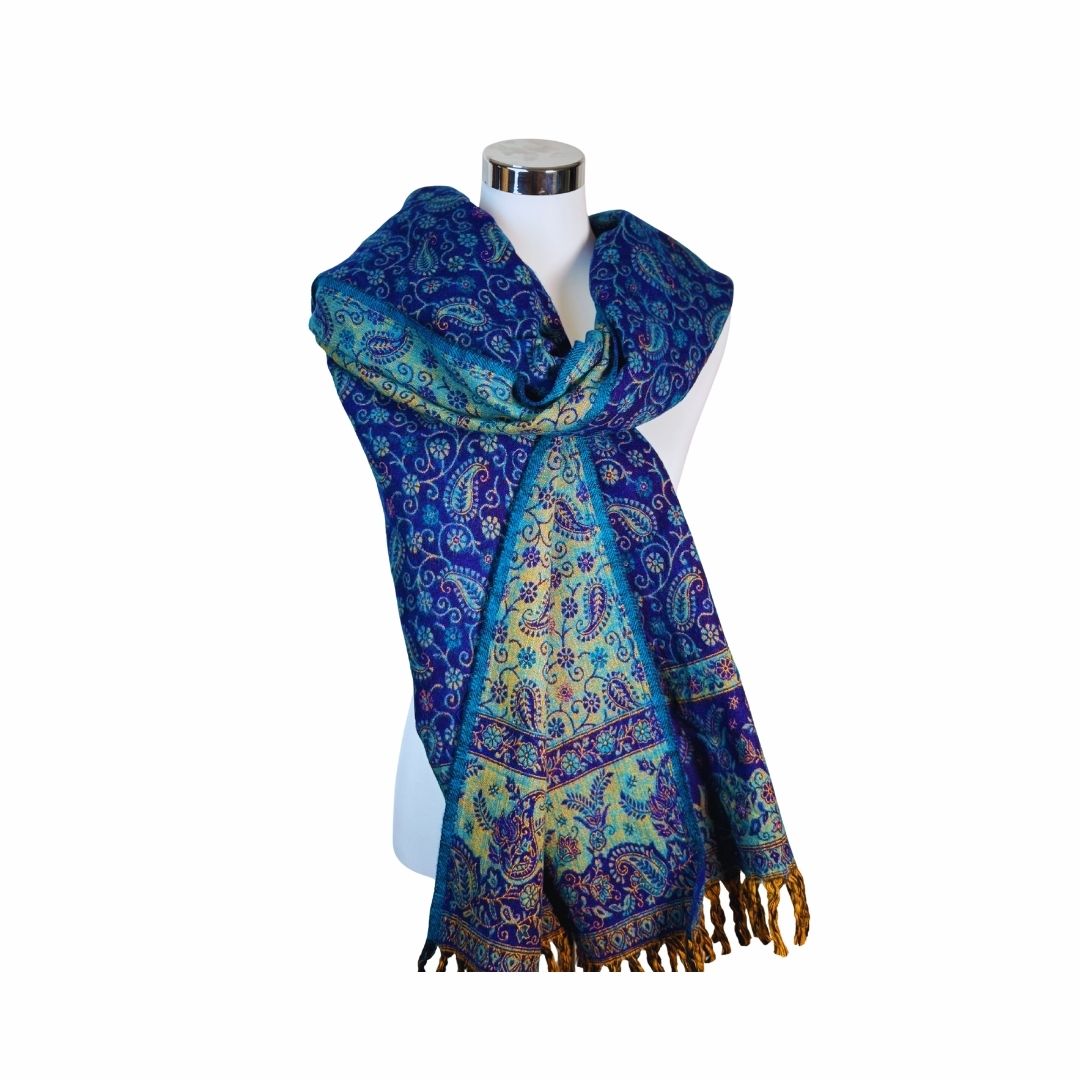 Tibetischer Schal blau-türkis-Paisley