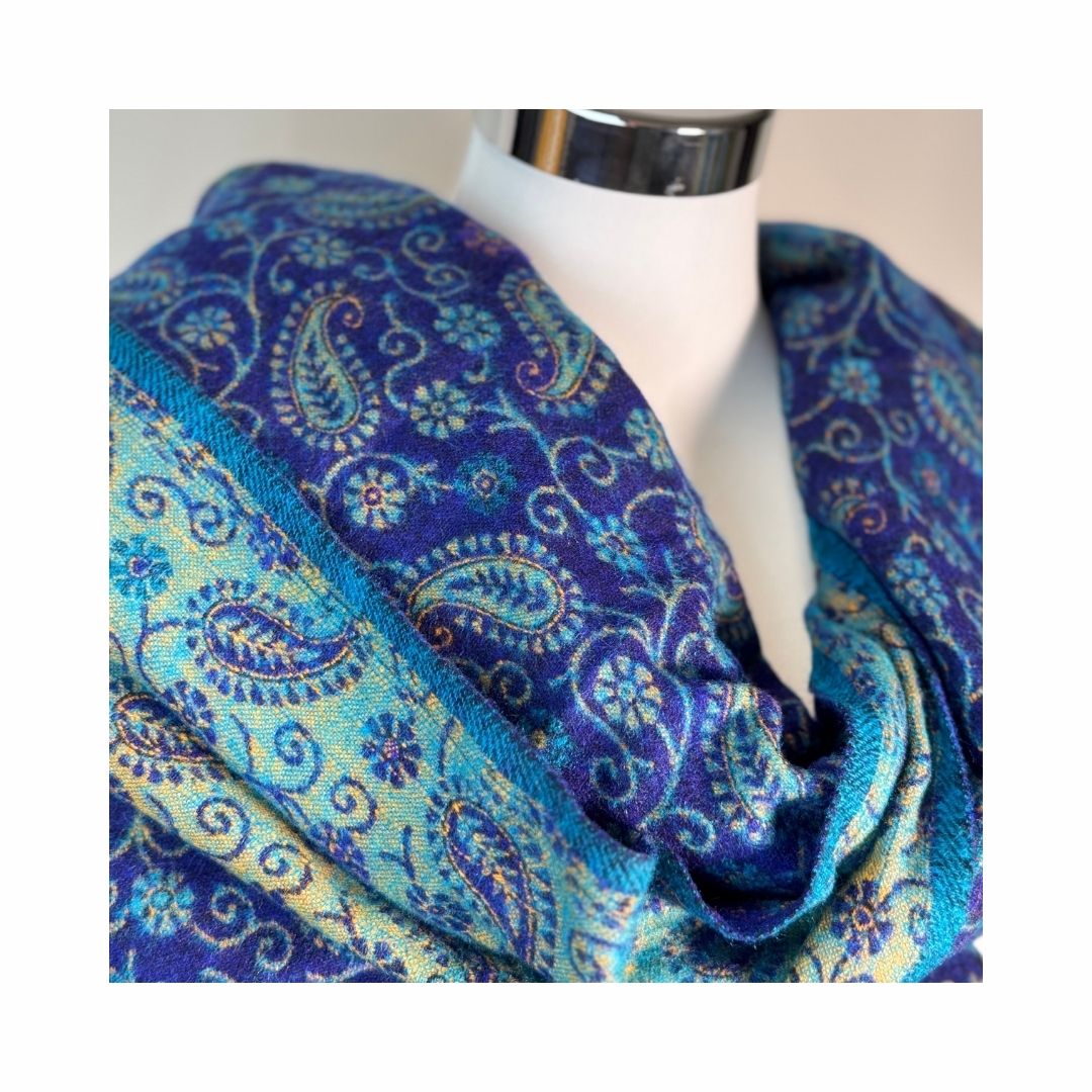 Tibetischer Schal blau-türkis-Paisley