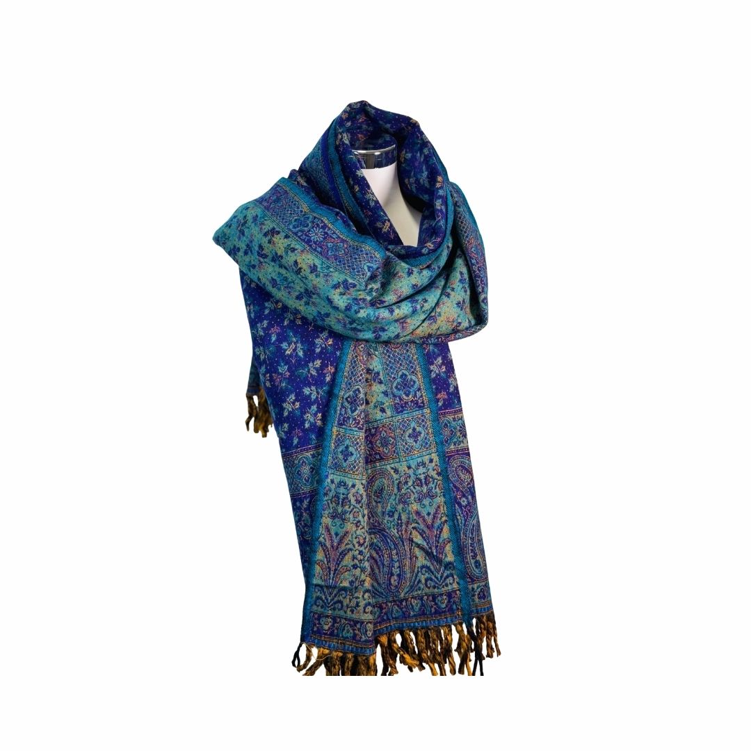 Tibetischer Schal blau-türkis-Blume