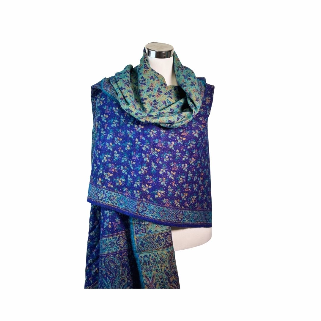 Tibetischer Schal blau-türkis-Blume