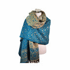 Tibetischer Schal blau-beige-Blume