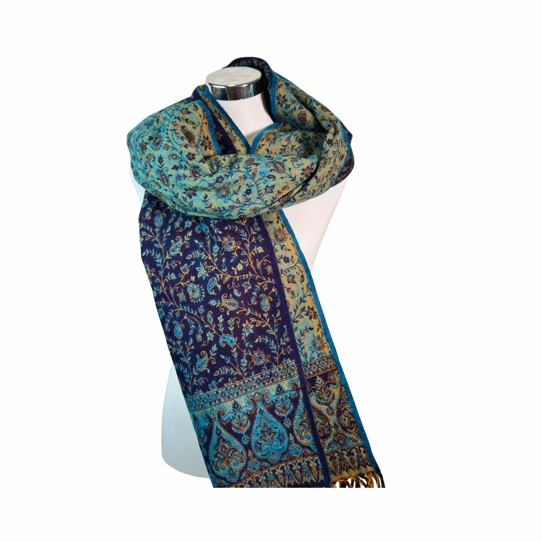 Tibetischer Schal königsblau-hellgrün-Blume