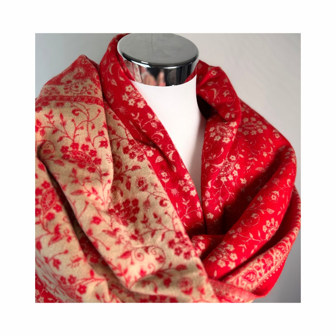 Tibetischer Schal kirschrot-wollweiss