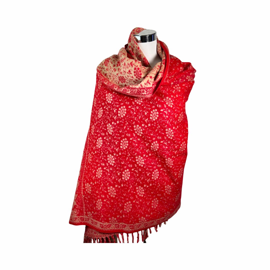 Tibetischer Schal kirschrot-wollweiss